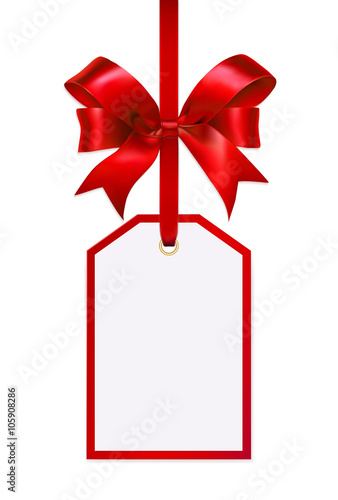 Blank gift tag with a red ribbon bow