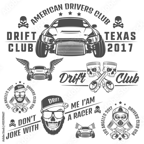 Set of racing and drift elements design,skull racer and piston skull labels ,emblems and logo.