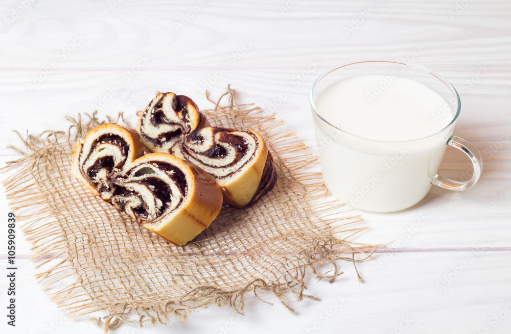 The roll cut and milk The roll cut and milk