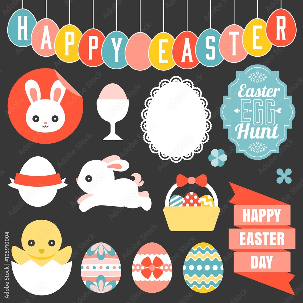 easter ornament, headline, and icon, flat design