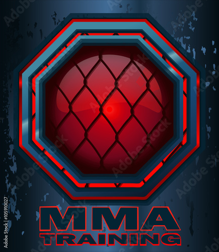 MMA Training Cage Octagon Sign with a Red Glow on a Steel Grunge Metal Background, Vector Illustration.