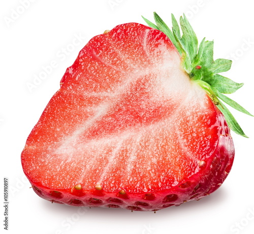 One half of strawberry on the white background.