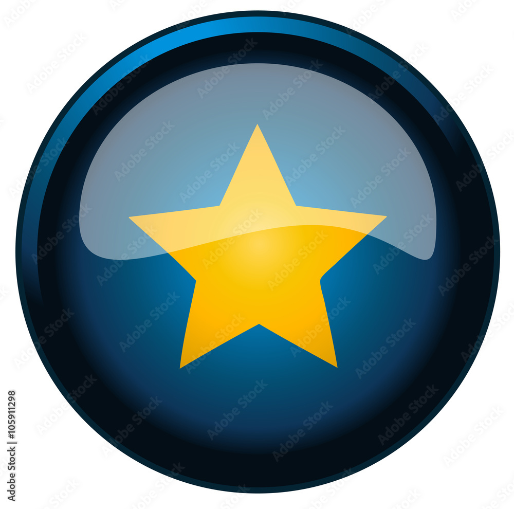 Yellow Star on a Round Blue Glossy Button, Vector Illustration isolated on White Background. Yellow Star on a Round Blue Glossy Button, Vector Illustration isolated on White Background.