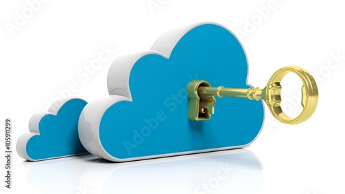 Golden retro key in lock on storage cloud icon, isolated on white