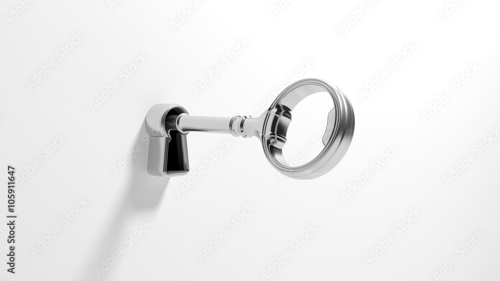 3D silver lock hole with retro key, isolated on white background. 3D silver lock hole with retro key, isolated on white background.