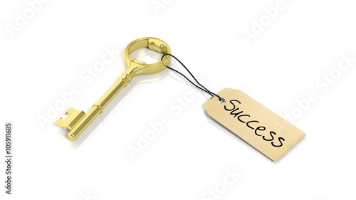 Tag with word Success on golden retro key , isolated on white background.