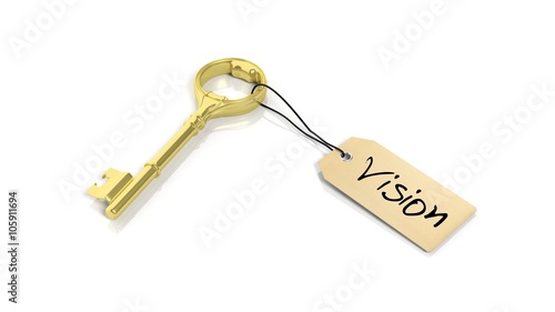 Tag with word Vision on golden retro key , isolated on white background.