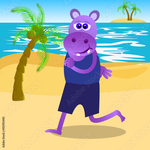 Hippo running on the beach
