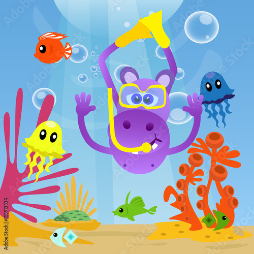 Hippo diving under sea