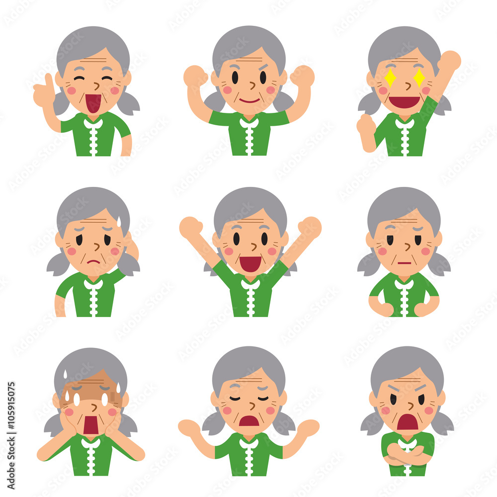 Cartoon a senior woman faces showing different emotions Cartoon a senior woman faces showing different emotions