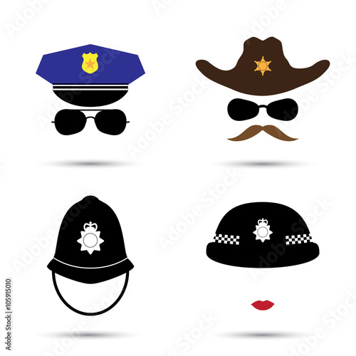 Set of colorful vector icons isolated on white. Policeman icon.  Sheriff icon. Cowboy icon. British police helmet 