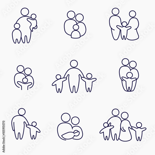 happy family icons, vector symbols collection, linear objects