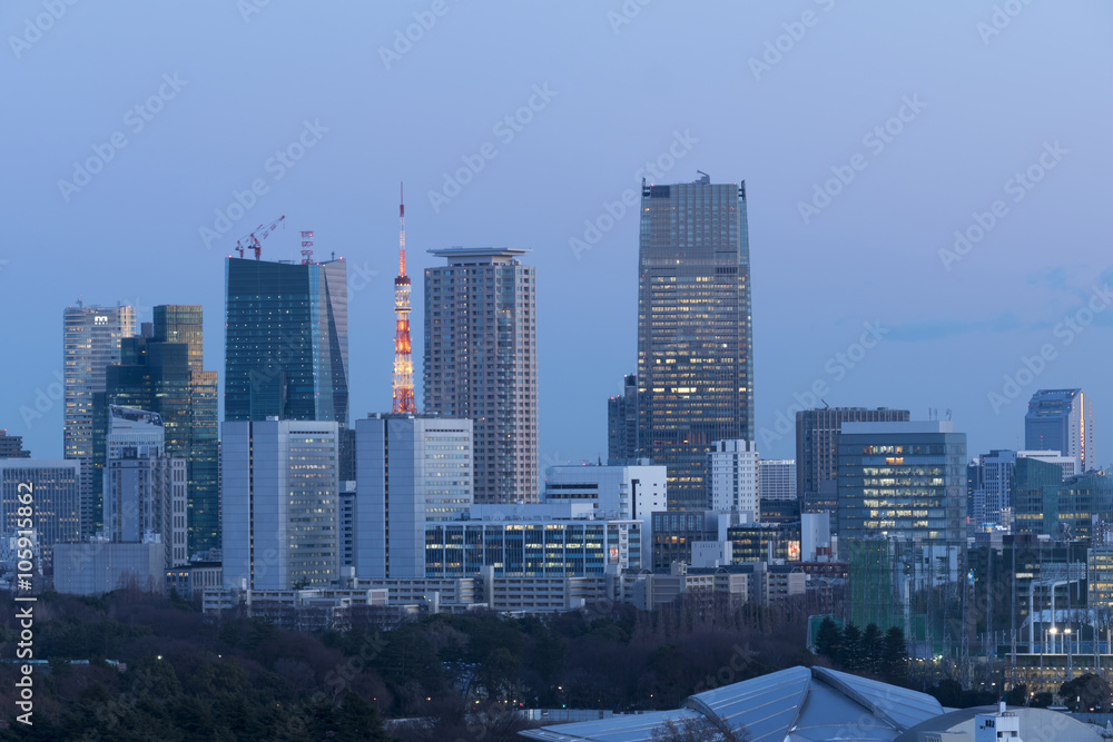 東京都市風景 六本木周辺ビル群 夜景 高層ビル 東京タワー 東京ミッドタウン 浜松町 コピースペース Stock 写真 Adobe Stock
