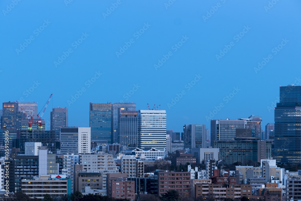 東京都市風景　大手町　丸の内　ビル群　トワイライト　夜景　コピースペース