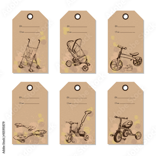 set vintage baby transport gift card. Hand drawn design