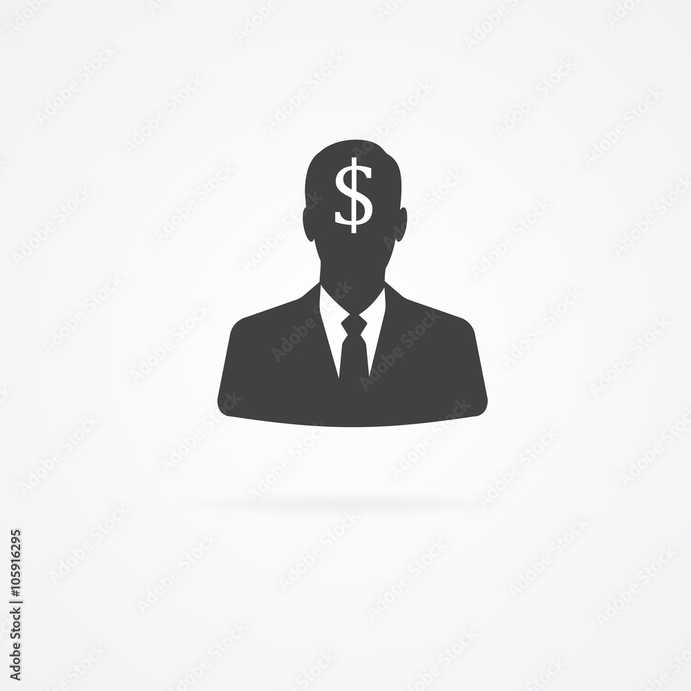 Man with dollar sign in head. Flat icon with shadow isolated on white. Man with dollar sign in head. Flat icon with shadow isolated on white.