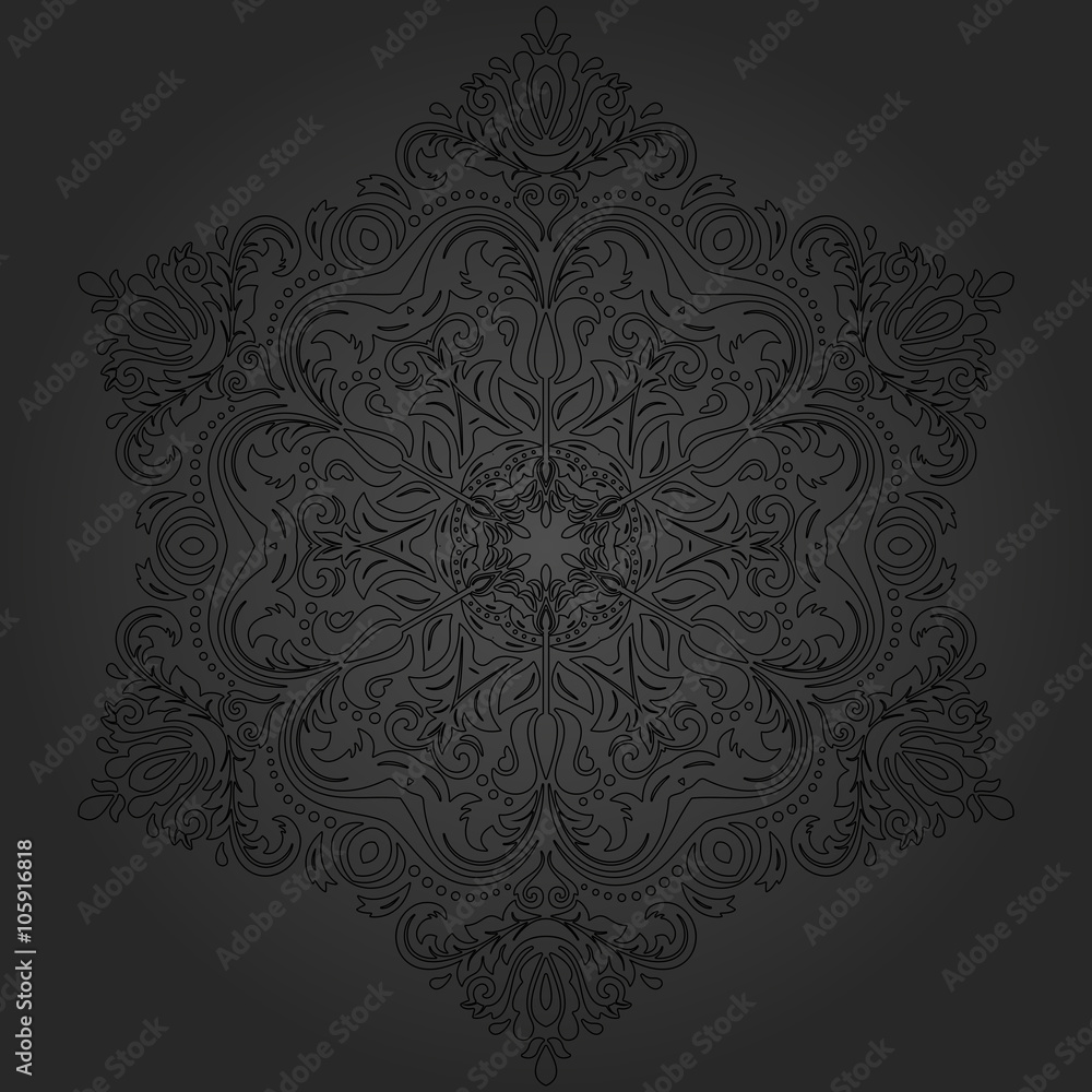 Damask floral dark pattern with black oriental elements. Abstract traditional ornament