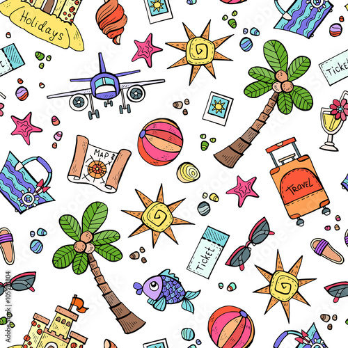 Vector seamless pattern with hand drawn colored symbols of summer on white color