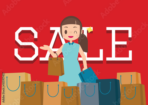 red sale banner with shopaholic woman character illustration vector