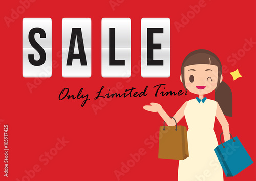 red sale banner with shopaholic woman character illustration vector