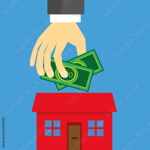 A hand holding money above a stylized house as a concept for property investment or securing a mortgage