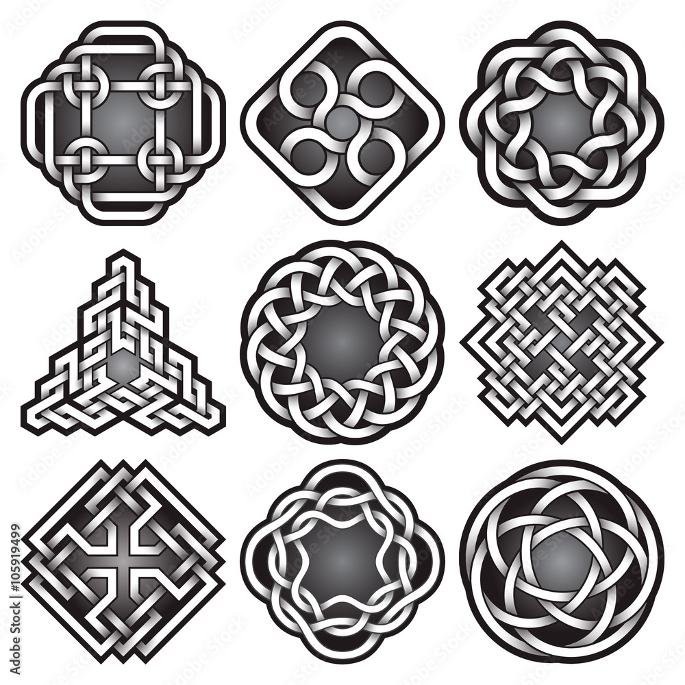 Set of logo templates in Celtic knots style. Tribal tattoo symbols package. Nine silver ornaments for jewelry design. Monochrome logos design. Set of logo templates in Celtic knots style. Tribal tattoo symbols package. Nine silver ornaments for jewelry design. Monochrome logos design.