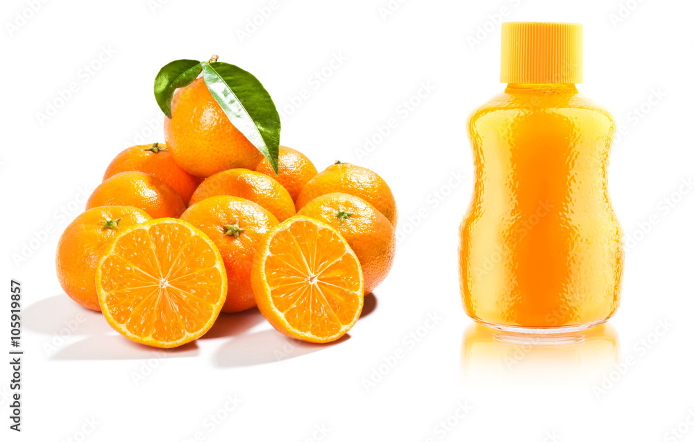 fresh mandarins with leaf isolated on white background and juice fresh mandarins with leaf isolated on white background and juice
