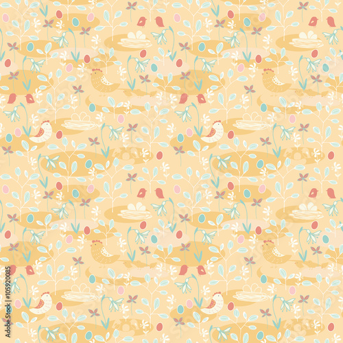 Seamless pattern of spring theme. Birds and eggs on a floral background.