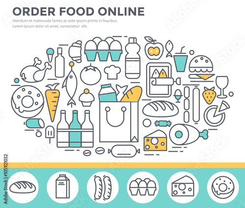 Grocery shopping and food ordering concept illustration, thin line flat design