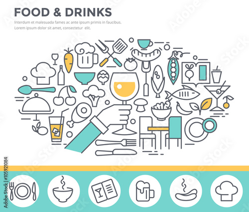 Food and drinks illustration, thin line flat design