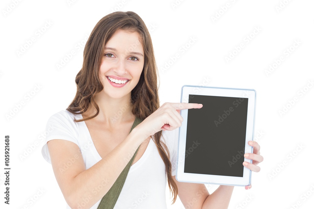 Portrait of happy female student showing tablet Portrait of happy female student showing tablet