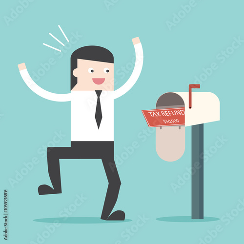 Businessman happy to got Tax refund cheque in mailbox. TAX refund check. TAX spending. Flat design business financial marketing commercial banking web minimal concept cartoon illustration.