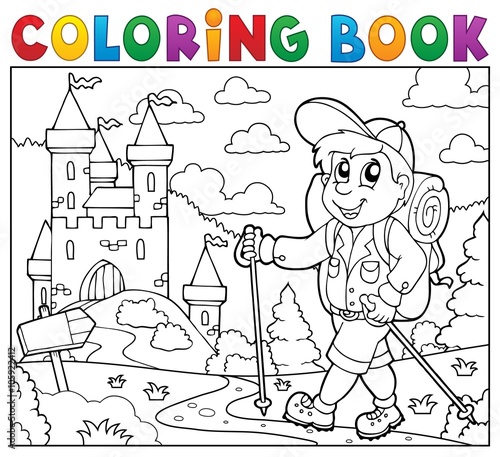 Coloring book hiker near castle