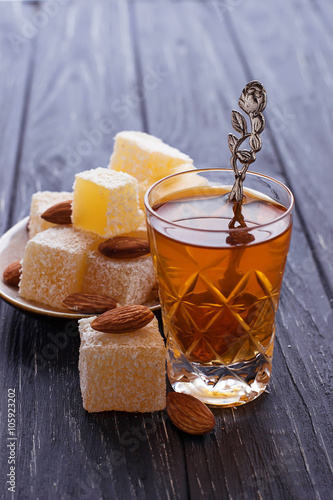 Traditional Turkish delight and tea photo