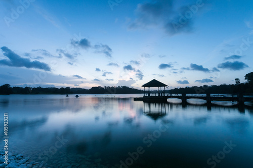 Photography pavilion at the end of pier in twilight