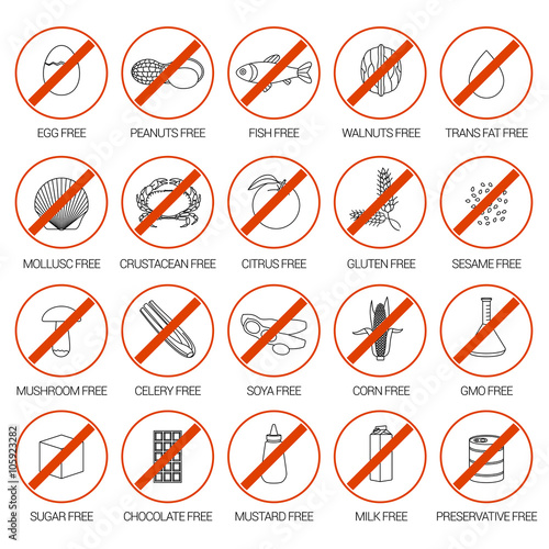 Vector set of warning labels for food allergens