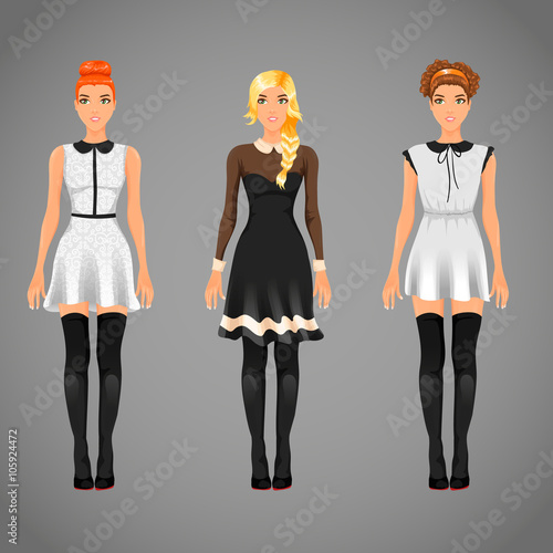 Vector pretty females in different black and white collar dresse