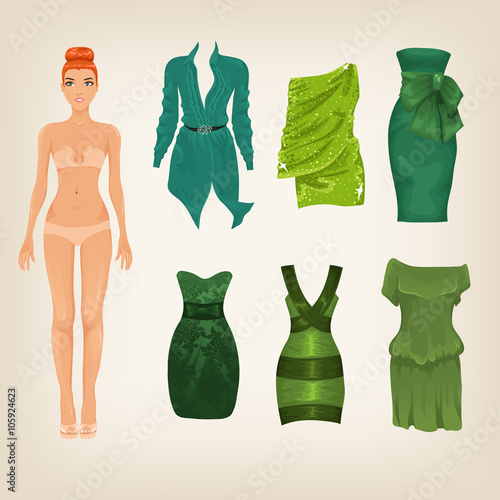 Vector dress up paper doll with an assortment of green dresses