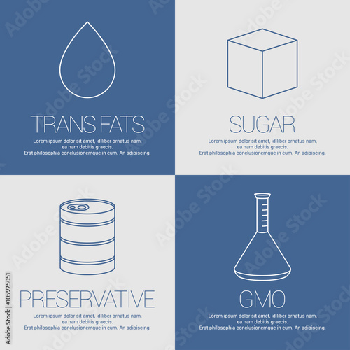 Vector icons, symbols of GMO, sugar, preservative