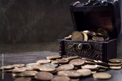 Coins in and out of wooden box 