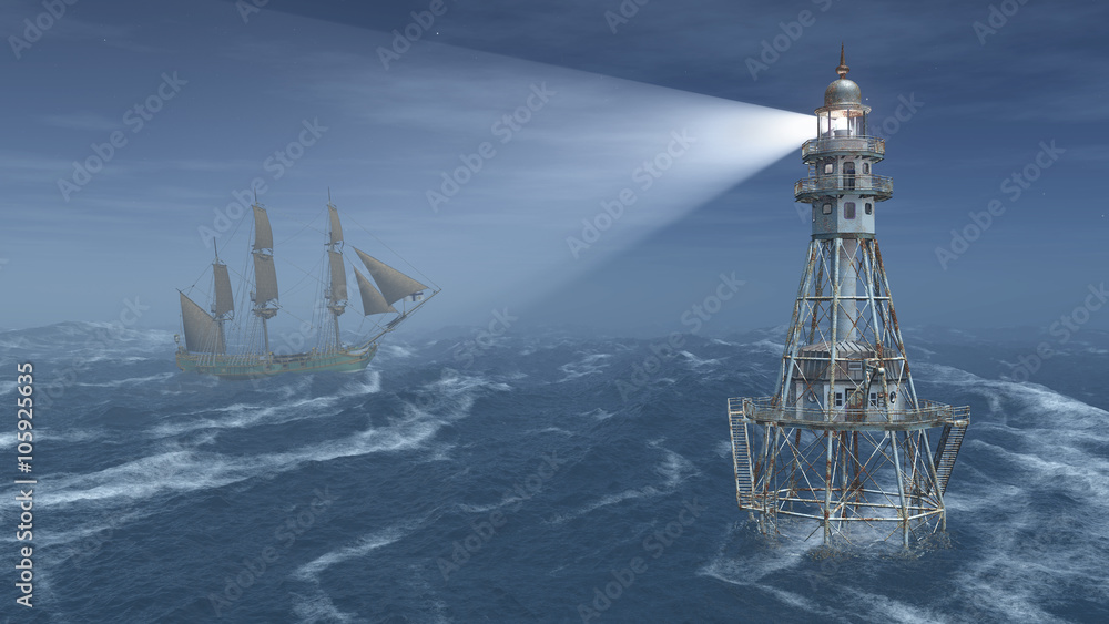 Obraz premium Leuchtturm und Segelschiff bei Nacht