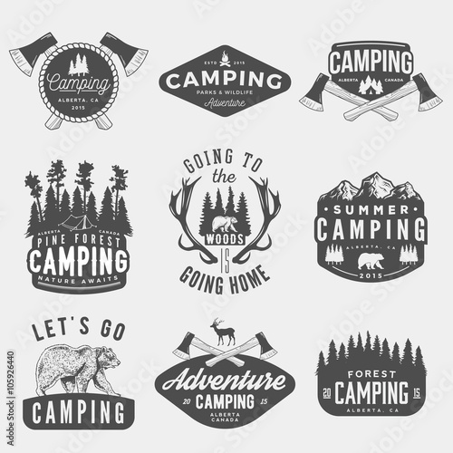 vector set of camping vintage logos, emblems, silhouettes and designs