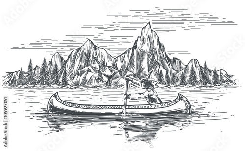 Native american in canoe boat