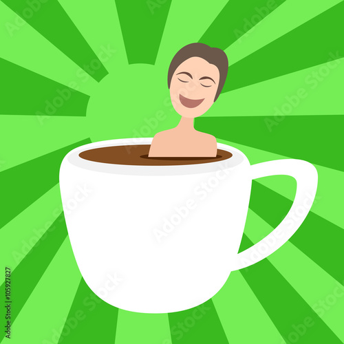 man taking bath in onsen hot coffee cup, vector, illustration
