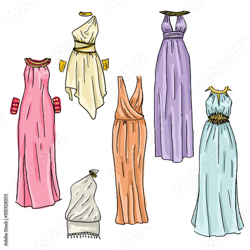 Vector hand drawn beautiful greek dresses
