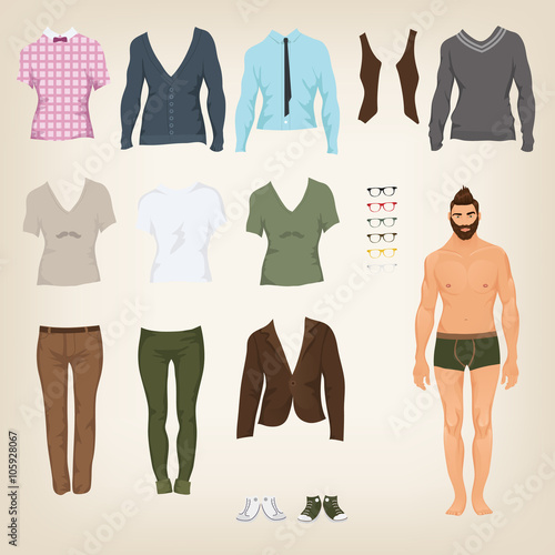 Vector male hipster dress up paper doll with an assortment of cl