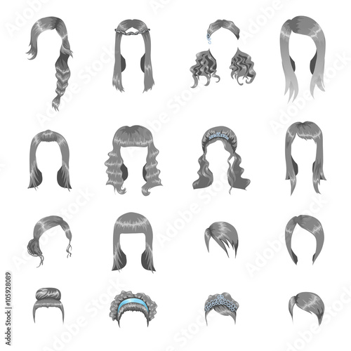 Set of sixteen different gray hairstyles for women