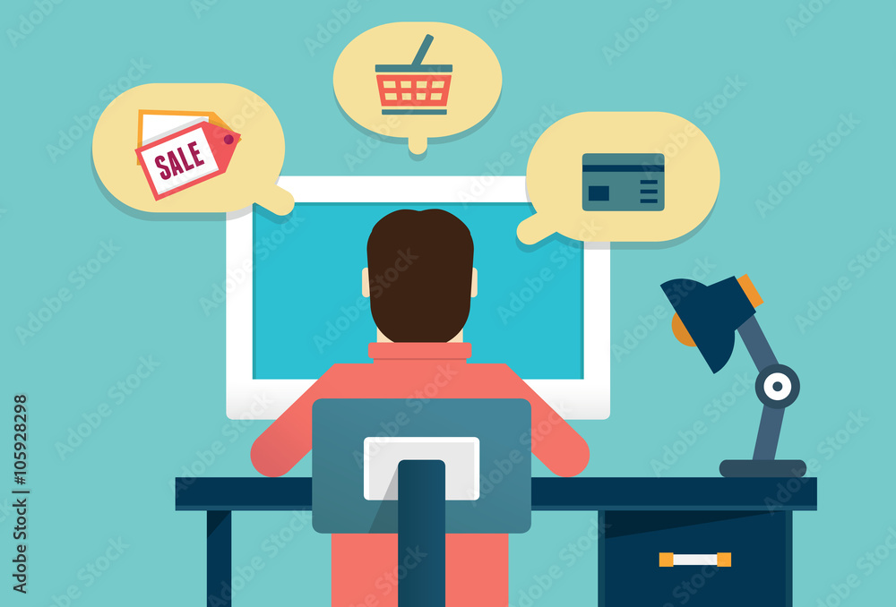 Flat concept of process e-marketing and e-commerce. Customer orders product Flat concept of process e-marketing and e-commerce. Customer orders product