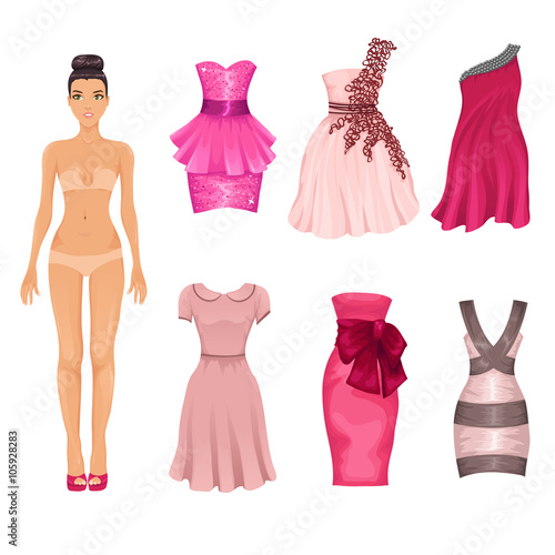 Vector dress-up doll with  pink dresses