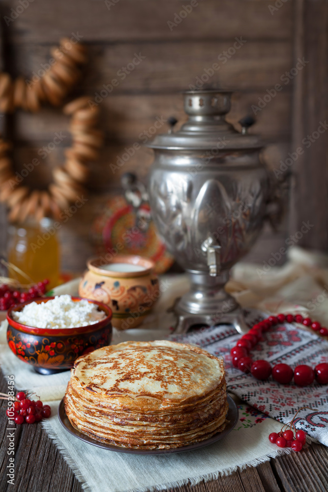 Stack of crepes with cattage cheese in rustic style. Traditional homemade Ukrainian food